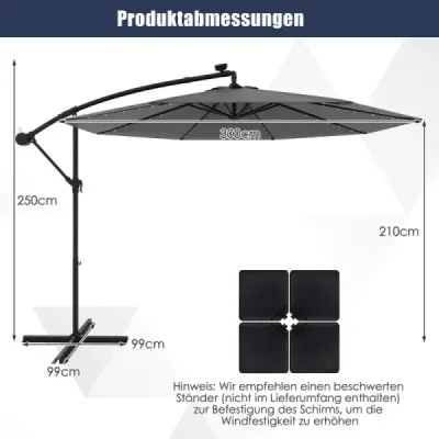 Parasol 300 cm Paraşută Ampel cu 40 de LED-uri solare şi gri manivelă