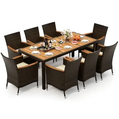 9 piese Rattan Terrace Dining Set pentru 8 persoane cu top de masă și perne detașabile