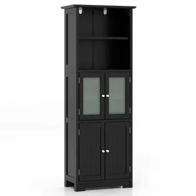Cabinet baie cu usi din sticla 2 compartimente deschise si rafturi reglabile Negru