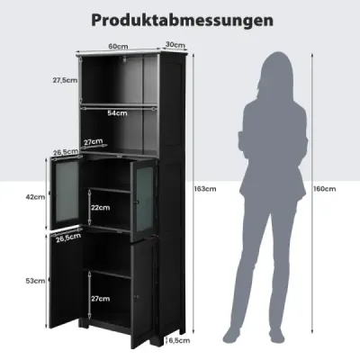 Cabinet baie cu usi din sticla 2 compartimente deschise si rafturi reglabile Negru
