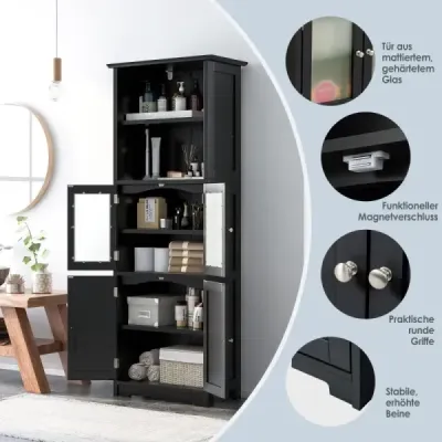 Cabinet baie cu usi din sticla 2 compartimente deschise si rafturi reglabile Negru