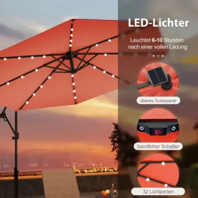 300 cm Parasol cu 32 LED-uri solare Lumini & Crank Garden Screen Orange