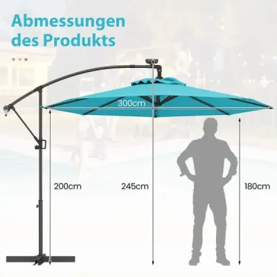 300 cm Parasol cu 32 Lumini cu LED-uri solare & Crank Garden Screen Turquoise