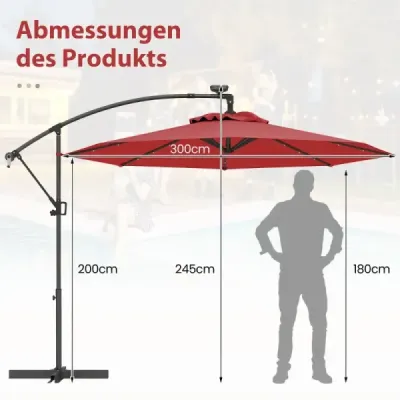 300 cm Parasol cu 32 de lumini solare LED-uri & Crank Garden ecran scut de piață roșu