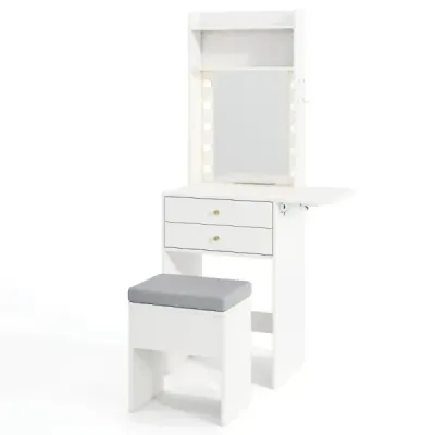Masă de machiaj cu iluminat Fridesisch cu stație de încărcare Stool cu camera de depozitare White