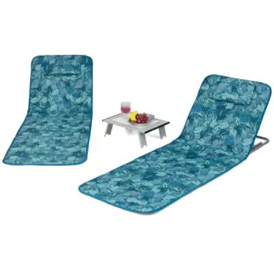 2nd set plaja mat cu masa laterala perna si cutie de depozitare mat cu backrest reglabil turcoaz albastru