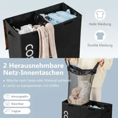 Cos de rufe cu capac 105 L container de rufe cu 2 saci de rufe detașabile negru