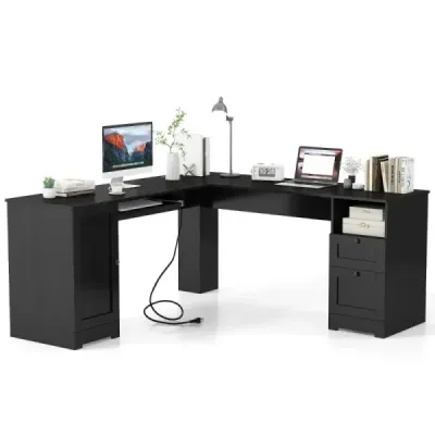 Birou L-forma cu stație de încărcare & tastatură & 2 sertare birou colț Negru