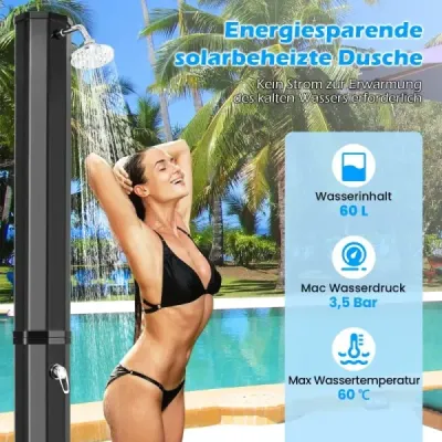 Dus solar 60 litri gradina dus cu acoperire de protectie 227 cm la 60°C Duş piscină cu cap de duş pivotabil Negru