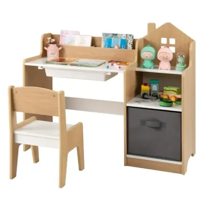 Set birou & scaun pentru copii Masa student cu rafturi deschise Alb + Natura