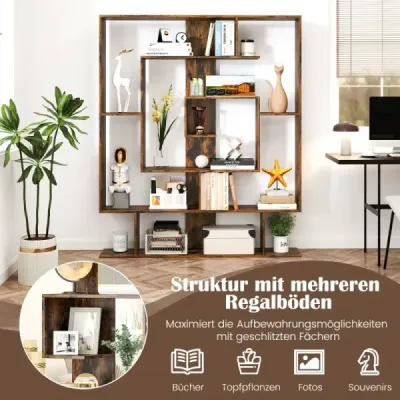 Raft de carte cu 7 nivele Raft separator cameră Stand geometric raft birou Rustic maro