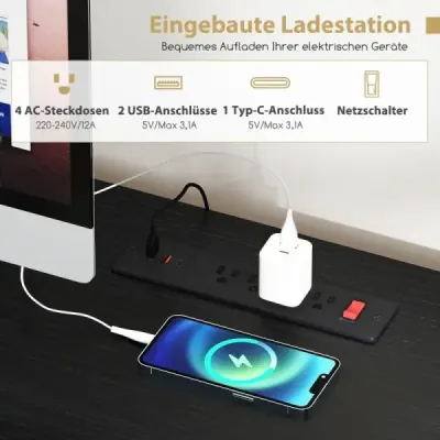 Birou cu stație de încărcare și iluminat cu LED-uri Masa calculatorului Desk Black