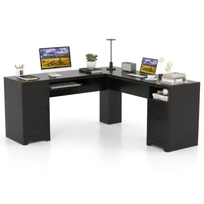 L-Form Desk cu tastatură &amp; Cabinet & 2 sertare Birou colţ negru