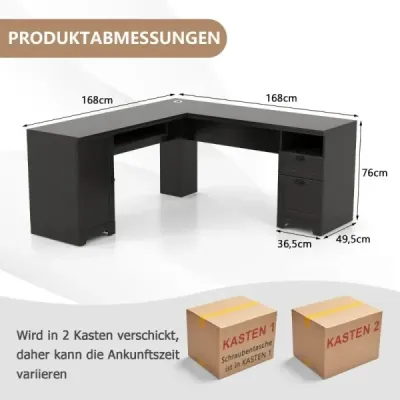 L-Form Desk cu tastatură &amp; Cabinet & 2 sertare Birou colţ negru