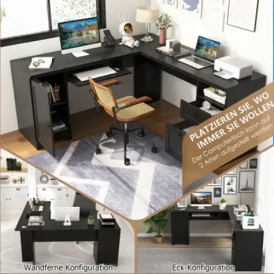 L-Form Desk cu tastatură &amp; Cabinet & 2 sertare Birou colţ negru