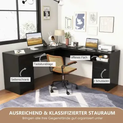 L-Form Desk cu tastatură &amp; Cabinet & 2 sertare Birou colţ negru
