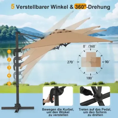 Parasol dreptunghiular 250 x 250 cm mare lumina de trafic cu manivelă maro
