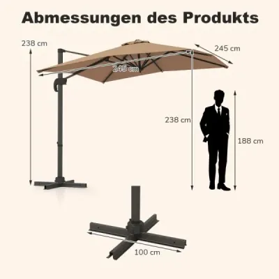 Parasol dreptunghiular 250 x 250 cm mare lumina de trafic cu manivelă maro