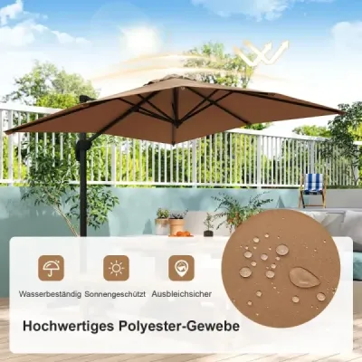 Parasol dreptunghiular 250 x 250 cm mare lumina de trafic cu manivelă maro