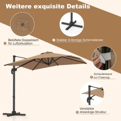 Parasol dreptunghiular 250 x 250 cm mare lumina de trafic cu manivelă maro
