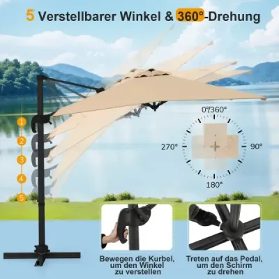 Parasol dreptunghiular 250 x 250 cm mare lumina de trafic cu bej manivelă