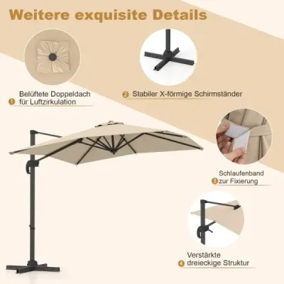 Parasol dreptunghiular 250 x 250 cm mare lumina de trafic cu bej manivelă