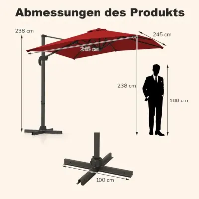 Parasol dreptunghiular 250 x 250 cm semafor mare cu manivela rosie