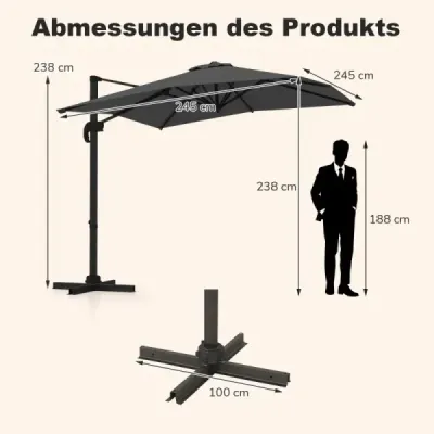Parasol dreptunghiular 250 x 250 cm mare lumina de trafic cu gri manivelă