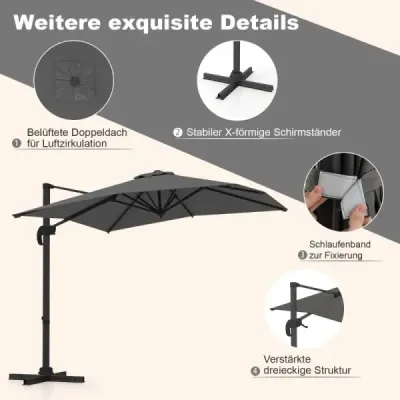 Parasol dreptunghiular 250 x 250 cm mare lumina de trafic cu gri manivelă