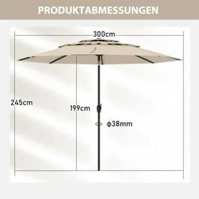Parasol rezistent la vânt stabil 300 cm umbrelă de grădină cu manivelă pe ambele părți de 30° bej îndoit