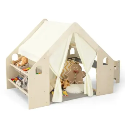 6-IN-1 Cort pentru copii din lemn cu masă & scaun pentru copii & mat & masă Playhouse 145 x 98 x 113 cm