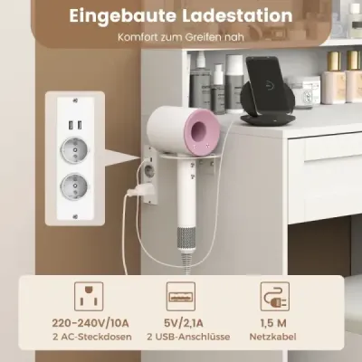 Machiaj tabel cu iluminat LED & stație de încărcare & scaun dulap bijuterii