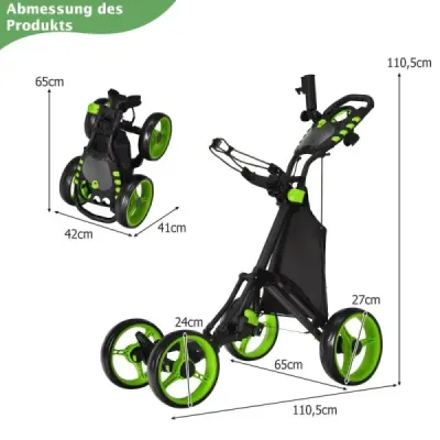 Golf Trolley 4 Rad Golftrolley Golfwagen Golf klappbar Golfcaddy Golf Push Cart aus Aluminium Grün