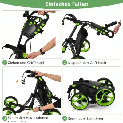Golf Trolley 4 Rad Golftrolley Golfwagen Golf klappbar Golfcaddy Golf Push Cart aus Aluminium Grün