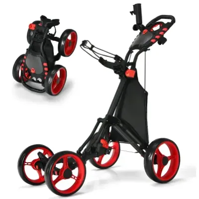 Golf Trolley 4 Rad Golftrolley Golfwagen Golf klappbar Golfcaddy Golf Push Cart aus Aluminium Rot