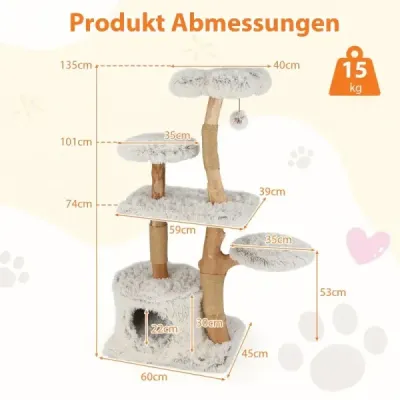 135cm Scratch Wood Cat Tree cu Cat Peşteră Plus Seat Platforma & Mingea alb