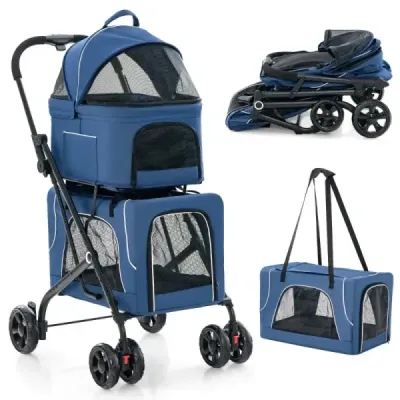 3 în 1 câine câine buggy 2 etaje cu ferestre și pungi web și tapițerie albastru