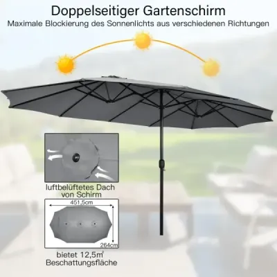 Dublu soareshade cu stand & manivelă & UPF 50+ umbrelă de grădină 451,5 x 264 cm gri