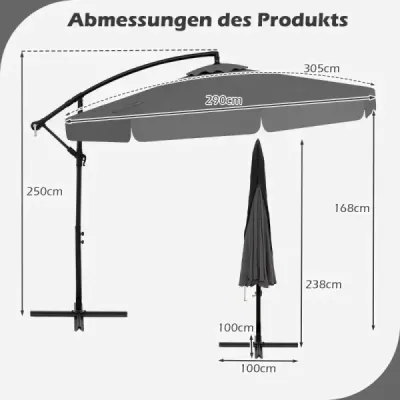 umbrelă 300 cm inclusiv. Ampelshield cu manivelă și gri volant