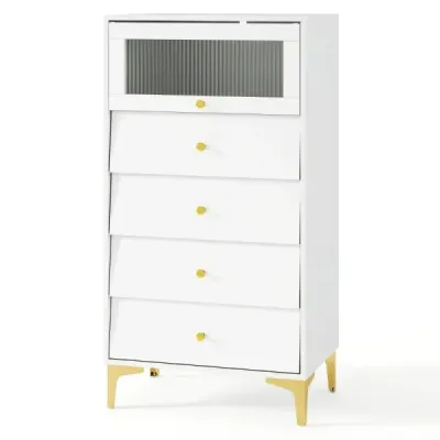 Rochie cu 4 sertare lateral cu usa de sticla pliabil alb