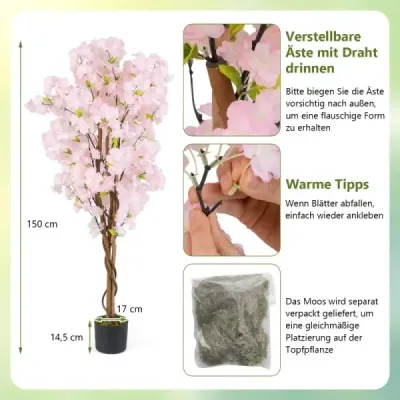 2 set copac artificial cu flori 150 cm plante artificiale în oală artificial cires flori copac roz