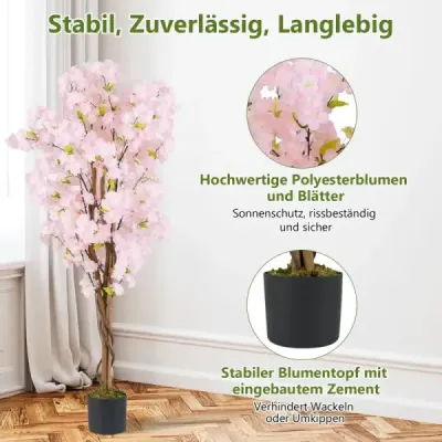 2 set copac artificial cu flori 150 cm plante artificiale în oală artificial cires flori copac roz