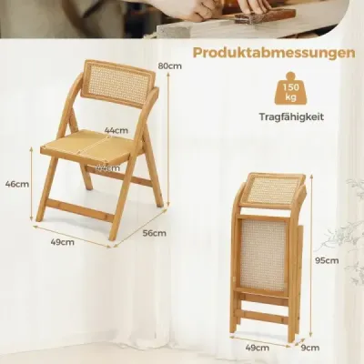 2 set Rattan scaune pliante cu cadru de bambus scaune de bucătărie stil Boho 150 kg forță de transport