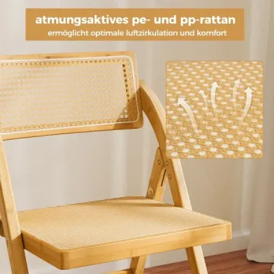 2 set Rattan scaune pliante cu cadru de bambus scaune de bucătărie stil Boho 150 kg forță de transport