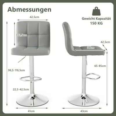 2 Set 360° Stivuitor bar din piele sintetică mare reglabil scaun scaun scaun Stool Gri
