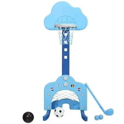 3 în 1 loc de joacă pentru copii cu înălțime reglabil baschet & poarta de fotbal & albastru de golf