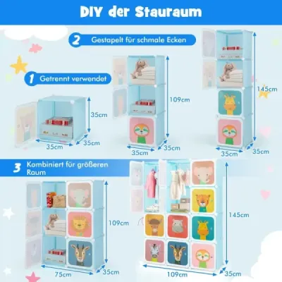 dulap de plastic pentru copii cu 12 cuburi raft pentru copii cu usi & 2 umar albastru