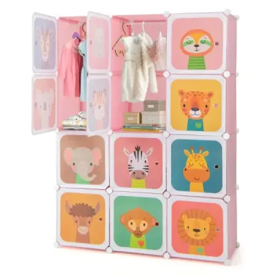 dulap de plastic pentru copii cu 12 zaruri rafturi pentru copii cu usi & 2 umar roz