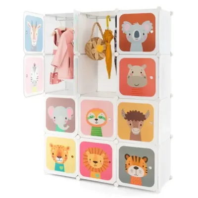 dulap de plastic pentru copii cu 12 zaruri rafturi pentru copii cu usi & 2 umerase Alb
