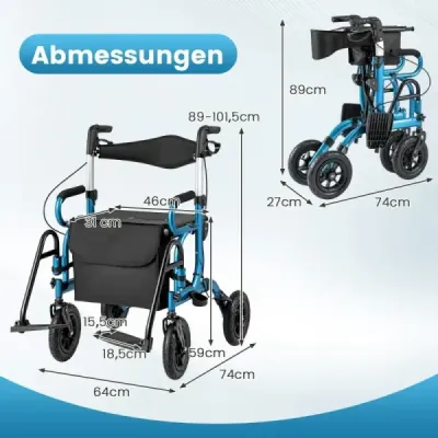 Roller cu anvelope de aer pliabil și lumină cu scaun 2 în 1 scaun cu rotile și scuter de călătorie Blue